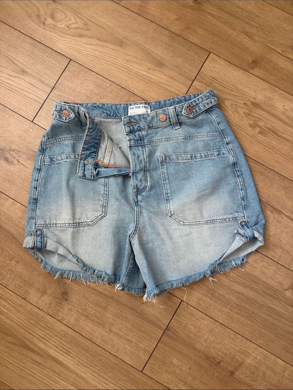 We The Free Light Blue High-Rise Frayed Denim Shorts